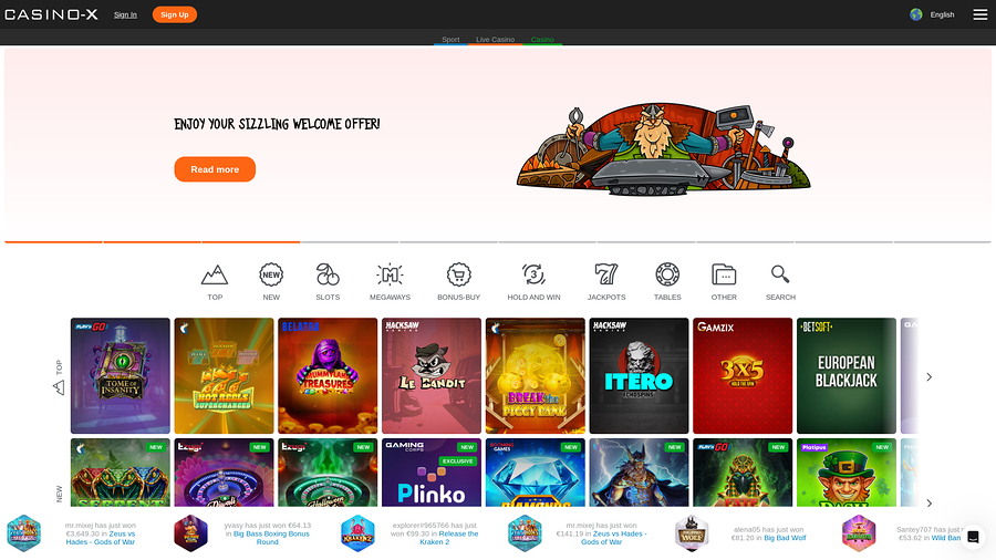 Casino X Desktop Homepage