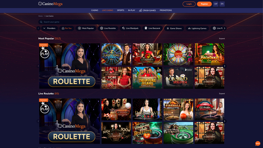 Casinomega live dealer desktop