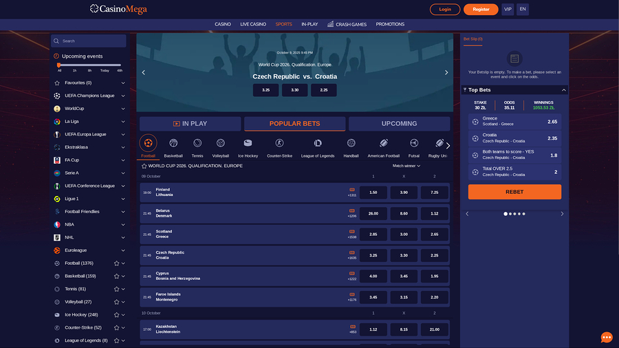Casinomega live sports desktop