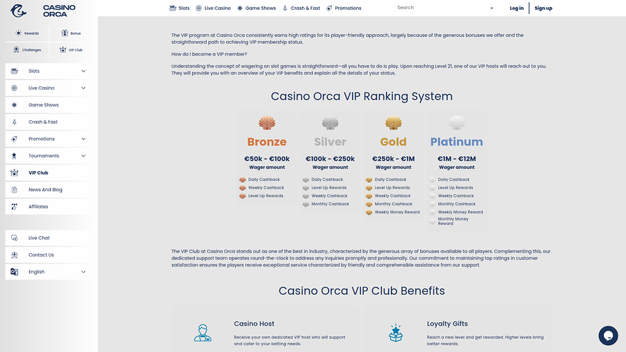 Programa VIP de Casino Orca para escritorio
