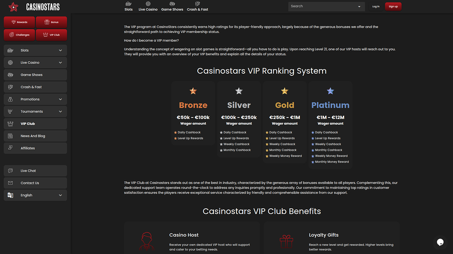 Programa VIP de Casino Stars para escritorio