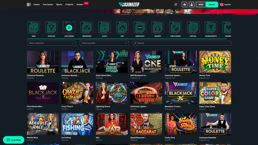 Casinozer live dealer desktop