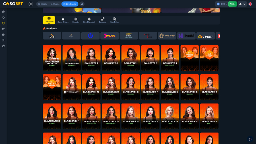 Casobet Casino Live Dealer Desktop