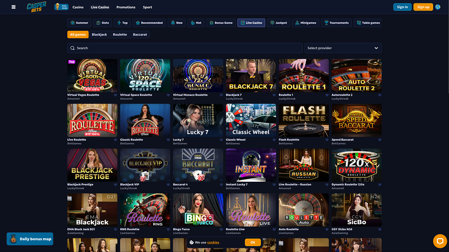 Casino Casper Bets con crupier en vivo para escritorio