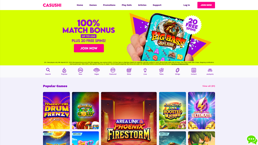 Casushi Casino Homepage Desktop