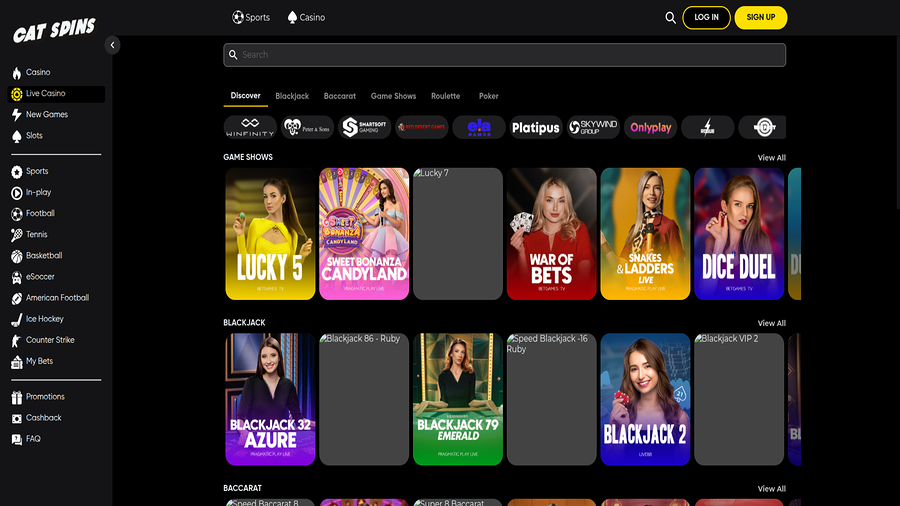 Live Dealers screenshot of Cat Spins Casino for Desktop