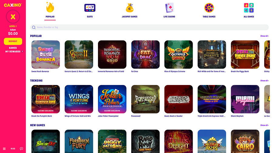 Caxino Casino Homepage Desktop