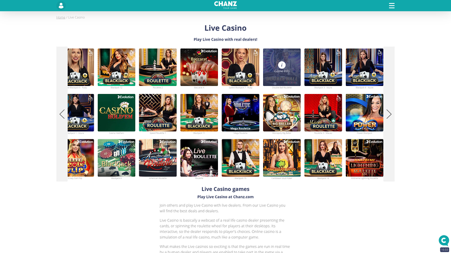Chanz Casino live dealer skrivbord