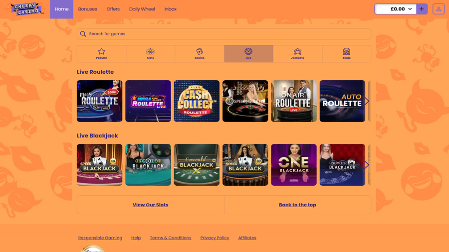 Cheeky Casino Live Dealer Desktop