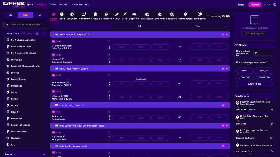 CipherWins Casino Live Sports Desktop