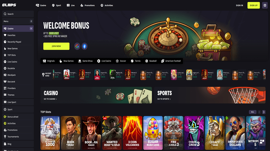 Homepage screenshot of Claps Casino for Desktop