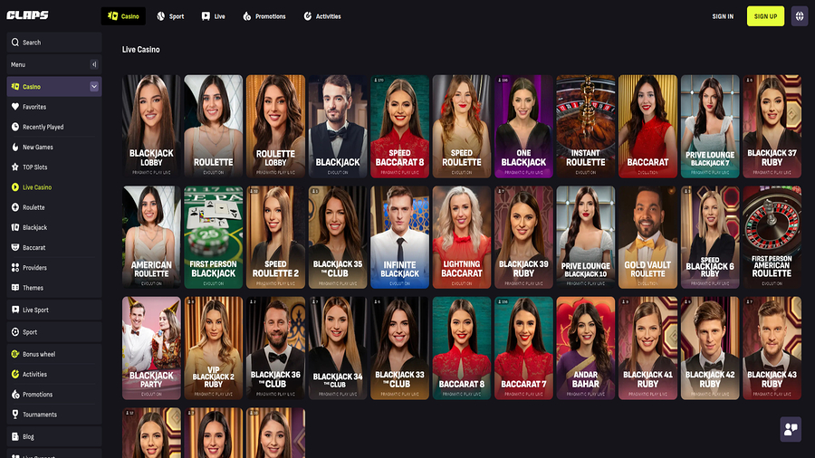 Live Dealers screenshot of Claps Casino for Desktop