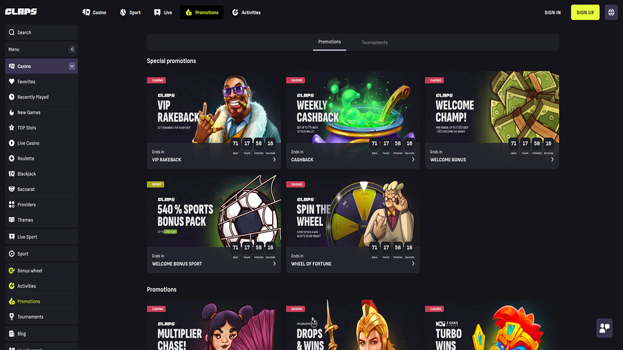 Promotions screenshot of Claps Casino for Desktop