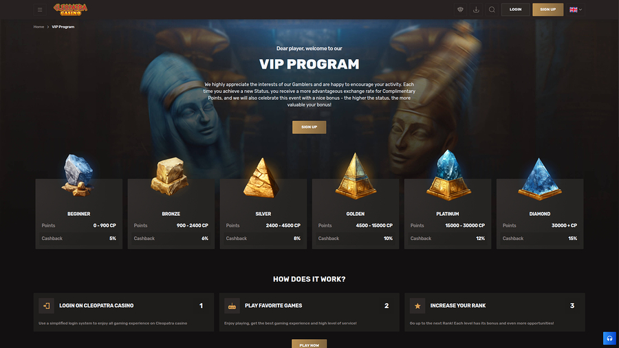 Cleopatra Casino Desktop VIP Program