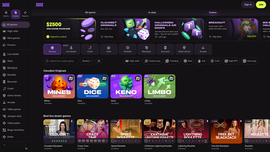 Cloudbet Casino Homepage Desktop