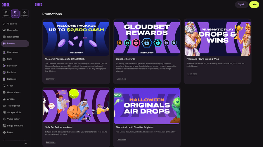 Cloudbet Casino Promotions Desktop