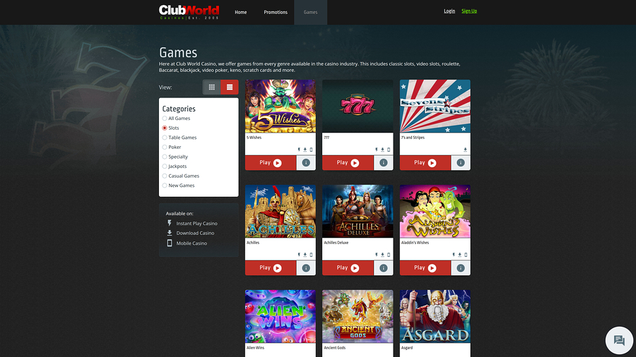 Club World Casino Games Desktop