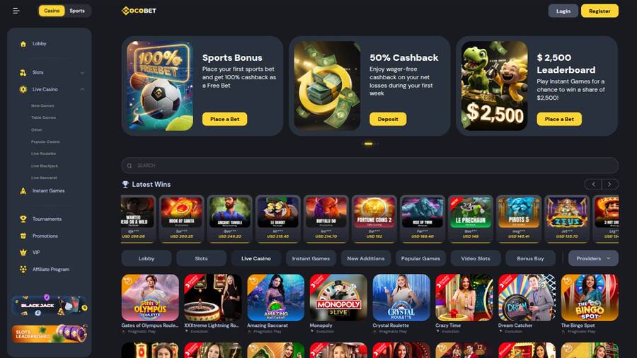 Captura de pantalla de la página en vivo de Cocobet Casino