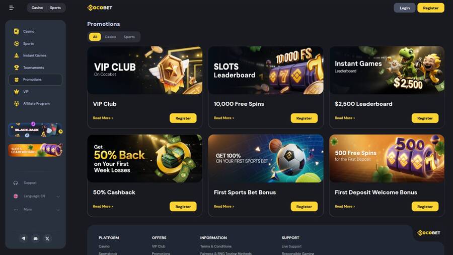 Captura de pantalla de la página de promociones del casino Cocobet