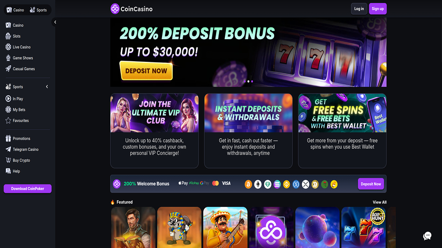 Homepage screenshot of CoinCasino for Desktop