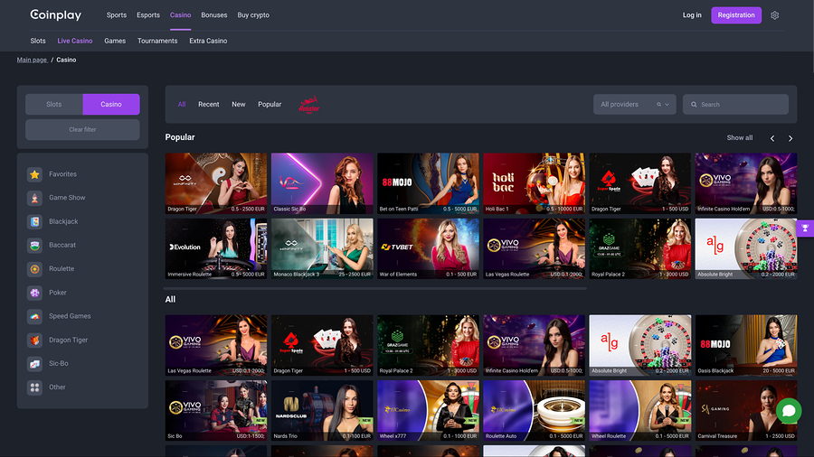 Coinplay Casino Live Dealer Desktop