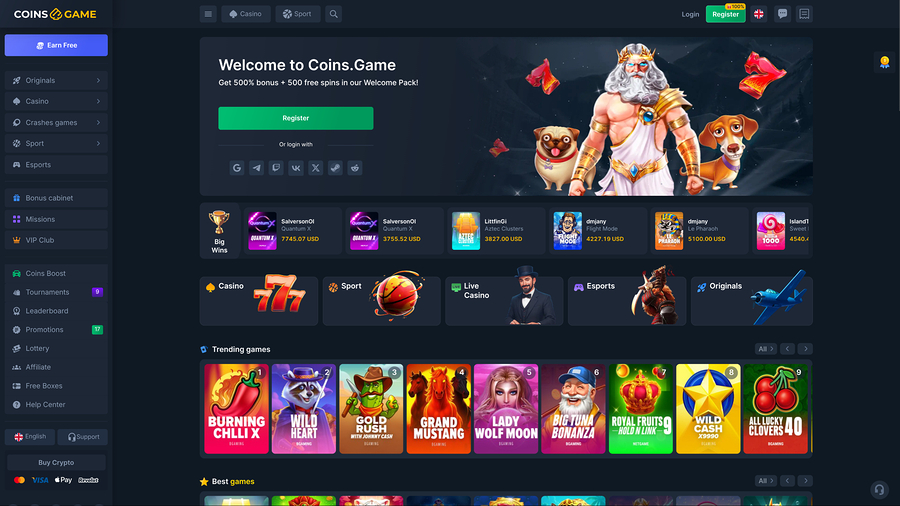 Coins Game Casino Homepage Desktop