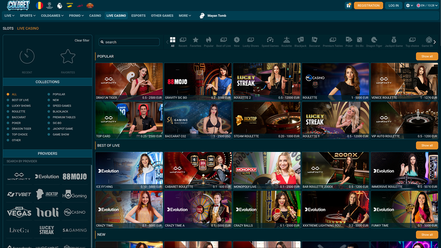 Casino Coldbet de escritorio con crupier en vivo