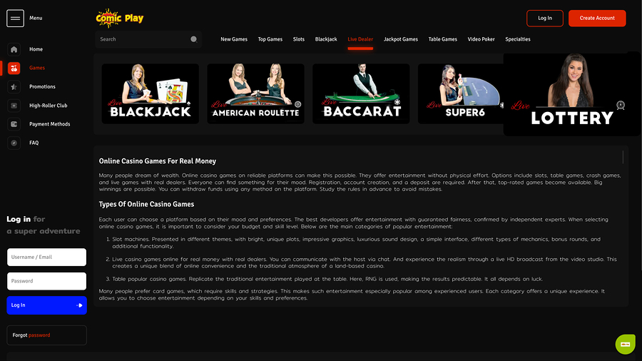 ComicPlay Casino Live Dealer Desktop