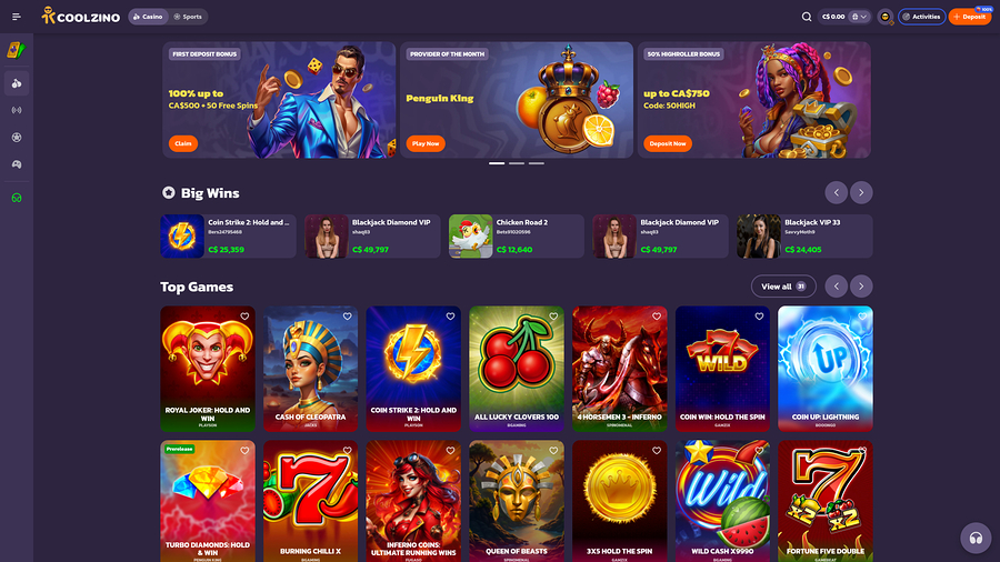 Página de inicio de escritorio del casino Coolzino