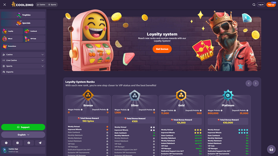 Programa VIP de Coolzino Casino para escritorio