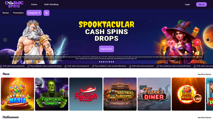 Cosmic Spins Casino Homepage Desktop