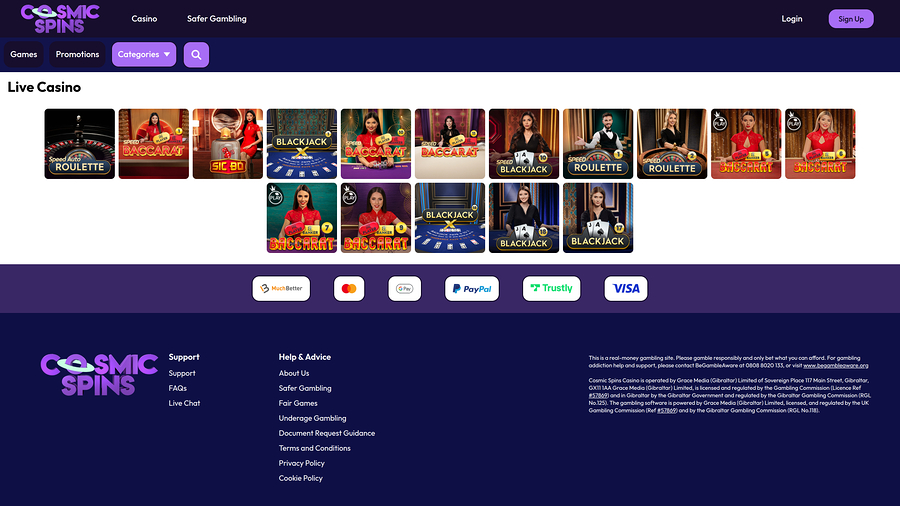 Cosmic Spins Casino Live Dealer Desktop