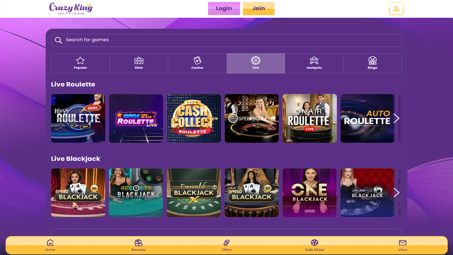 Crazy King Casino Desktop Live Dealer