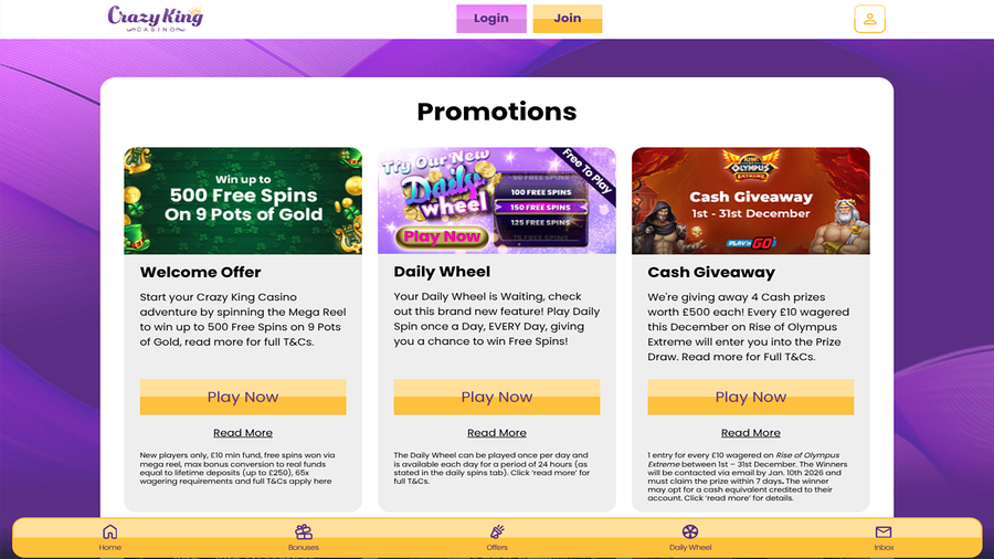Crazy King Casino Desktop Promotions