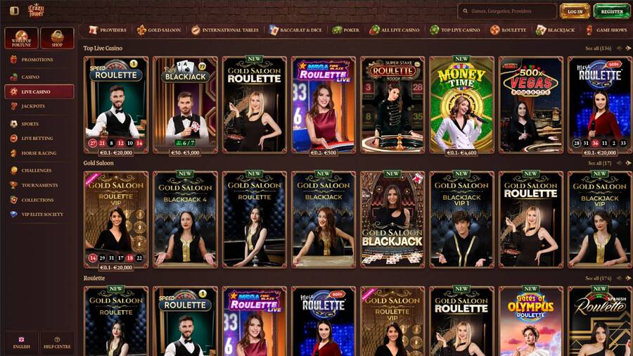 Live page screenshot of Crazy Tower Casino
