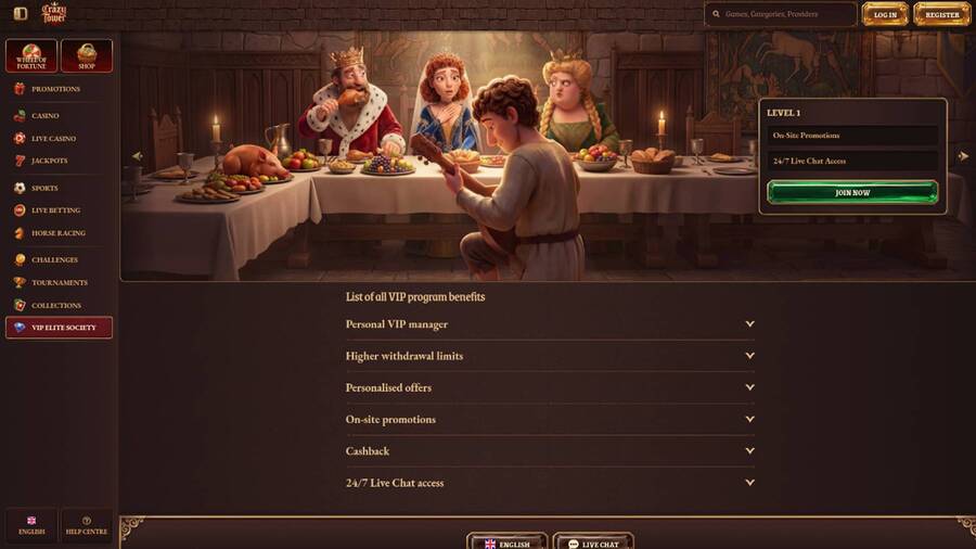 VIP page screenshot of Crazy Tower Casino