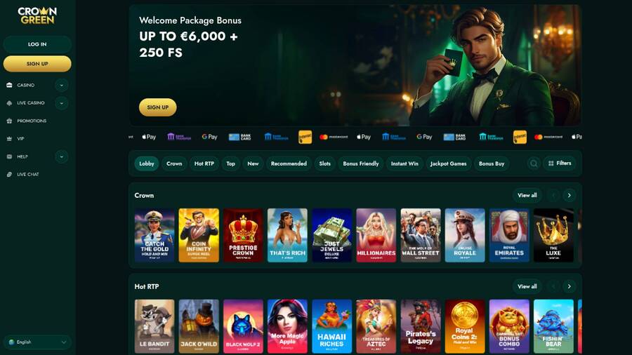 Homepage screenshot of CrownGreen Casino