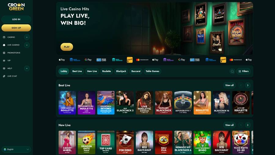 Live page screenshot of CrownGreen Casino