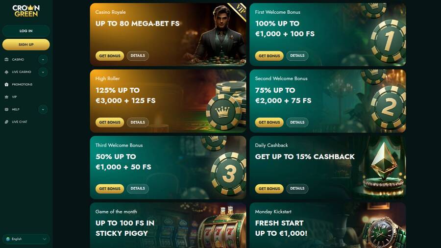 Promotions page screenshot of CrownGreen Casino