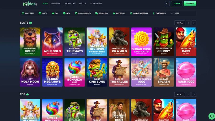 Games page screenshot of CrownPokies Casino