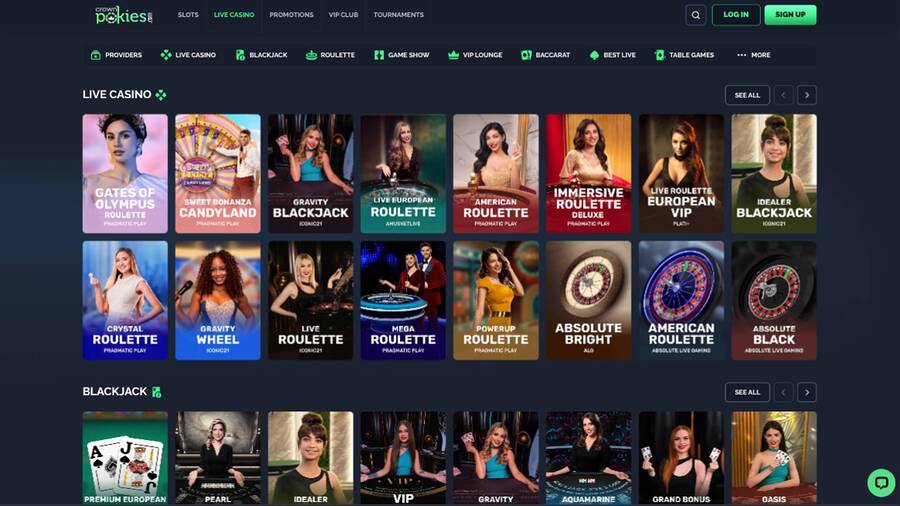 Live page screenshot of CrownPokies Casino