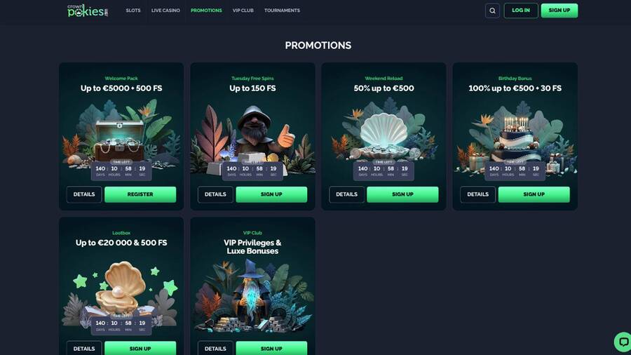 Promotions page screenshot of CrownPokies Casino