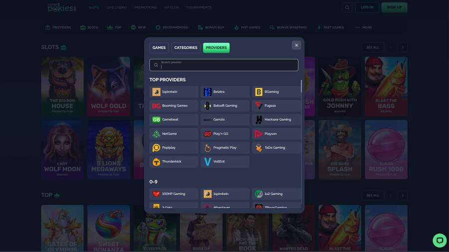 Providers page screenshot of CrownPokies Casino