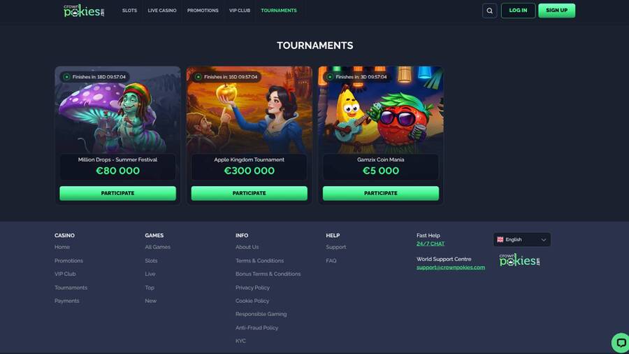Tournaments page screenshot of CrownPokies Casino