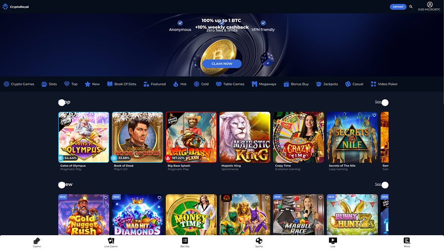 CryptoRoyal Casino Homepage Desktop