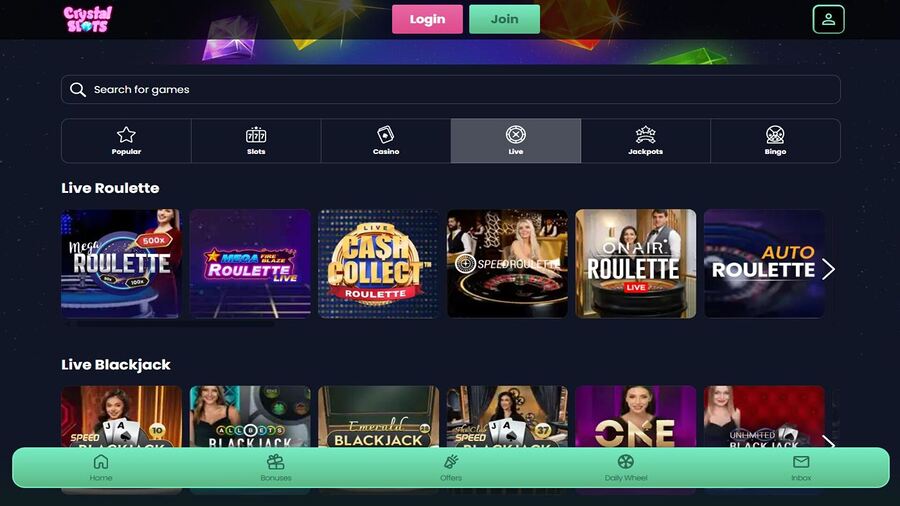 Crystal Slots Live Dealer Desktop