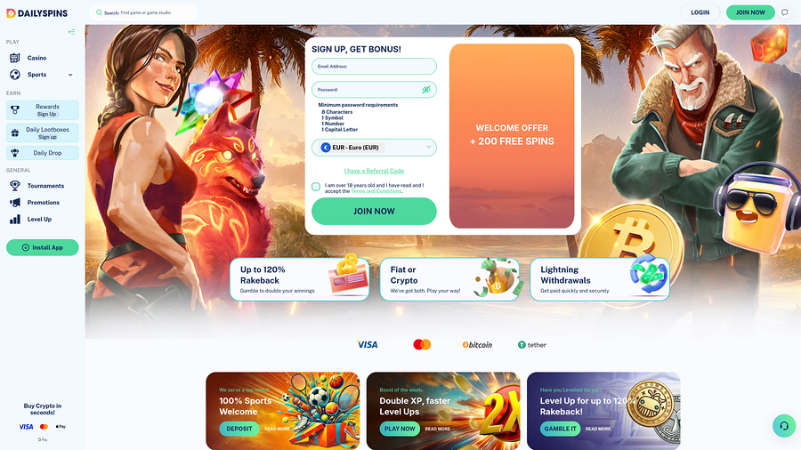 DailySpins Casino Homepage Desktop