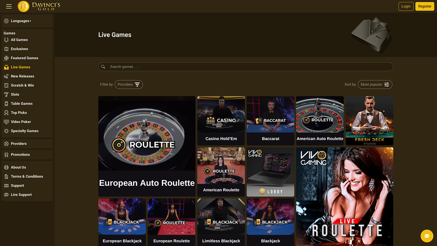 DaVinci’s Gold Casino Live Dealer Desktop