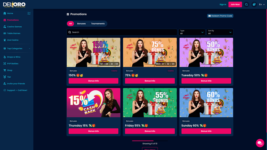 Del Oro Casino Promotions Desktop