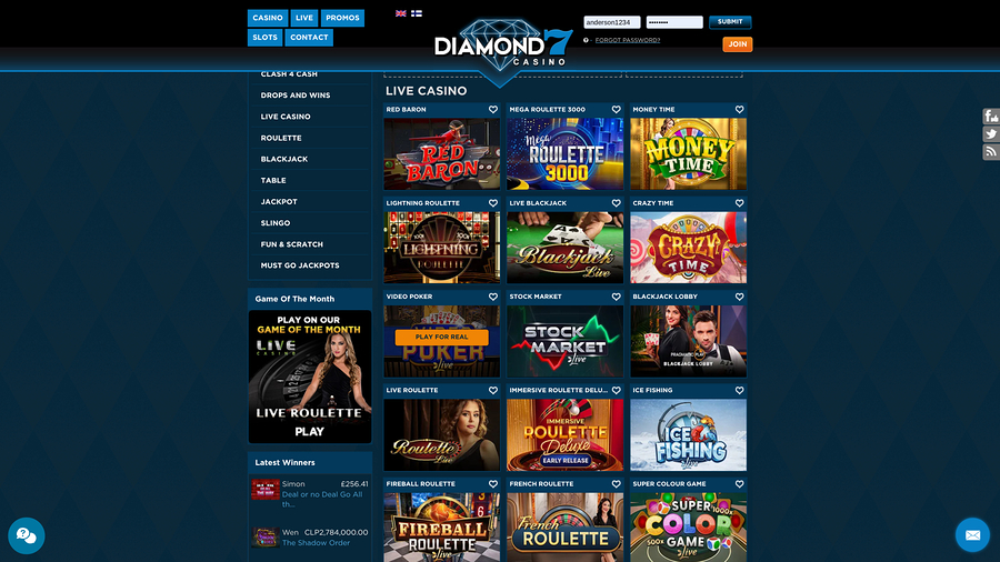 Diamond7 Casino Live Dealer Desktop